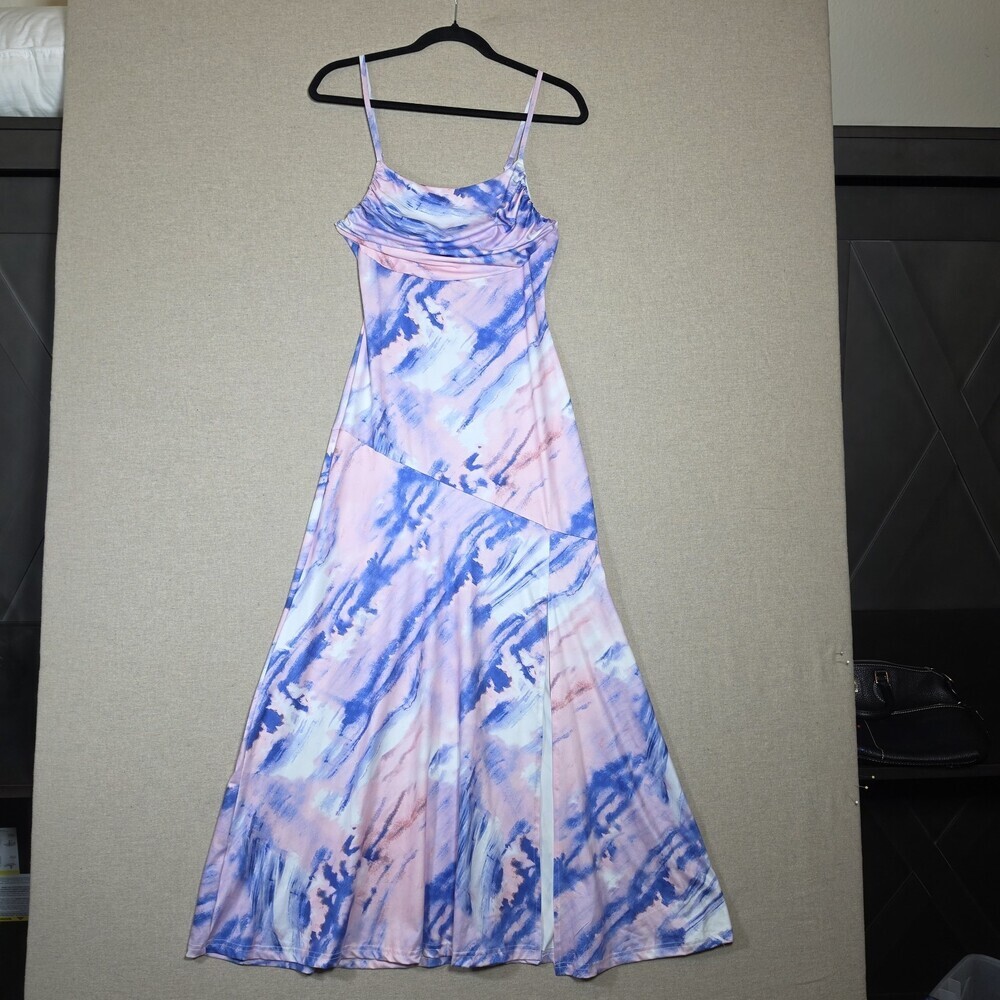 Fiemaoves Abstract Water Color Cowl Neck Tie Dye Maxi Dress Womens S Blue Pink